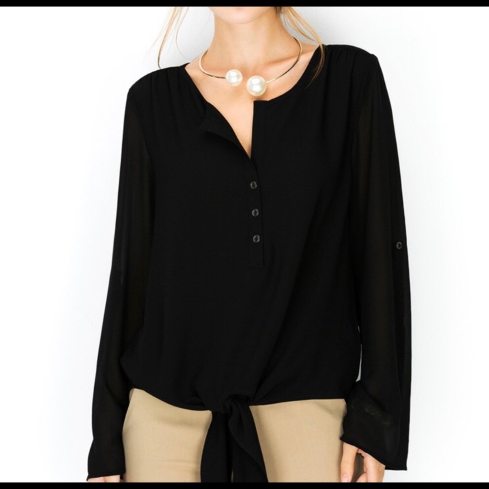 Rolled sleeve blouse with center tie